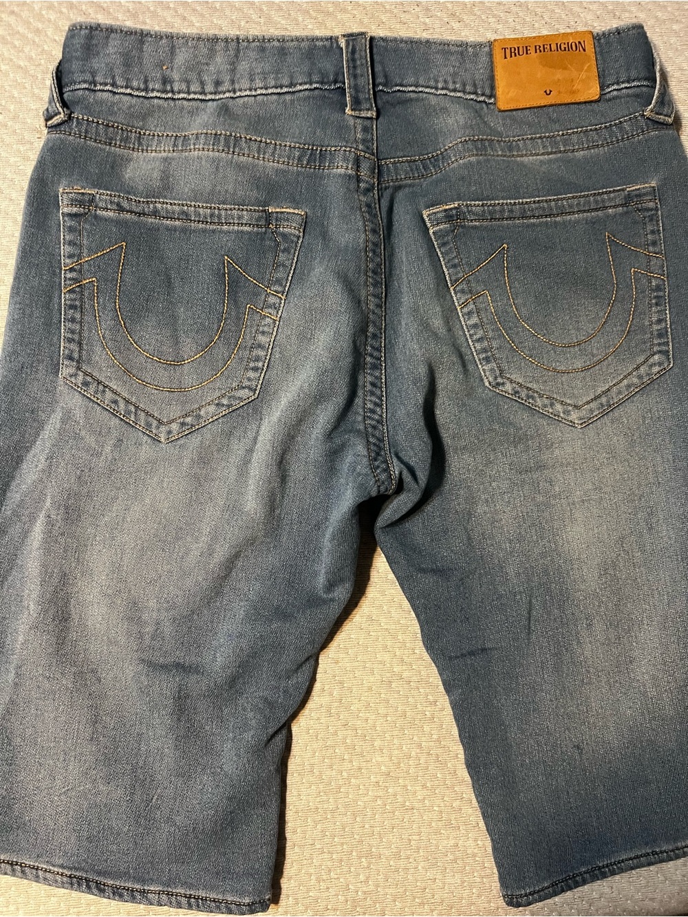 True Religion Light Blue Denim Shorts with Signature Back Pockets